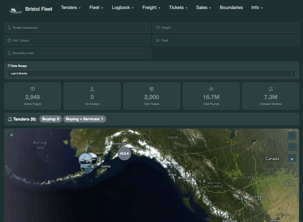 Bristol Fleet processor dashboard: active freight, fish tickets, total pounds, buying tenders and a map of tender positions