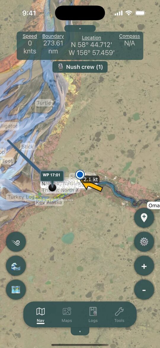 Satellite imagery, boundaries and waypoints at Naknek