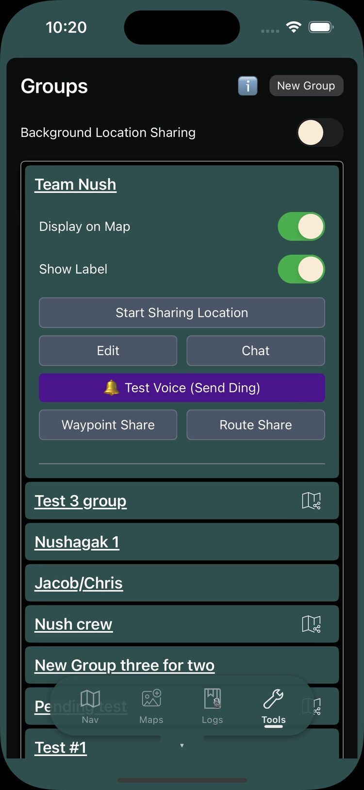 Groups page with location sharing, chat, voice and waypoint sharing controls