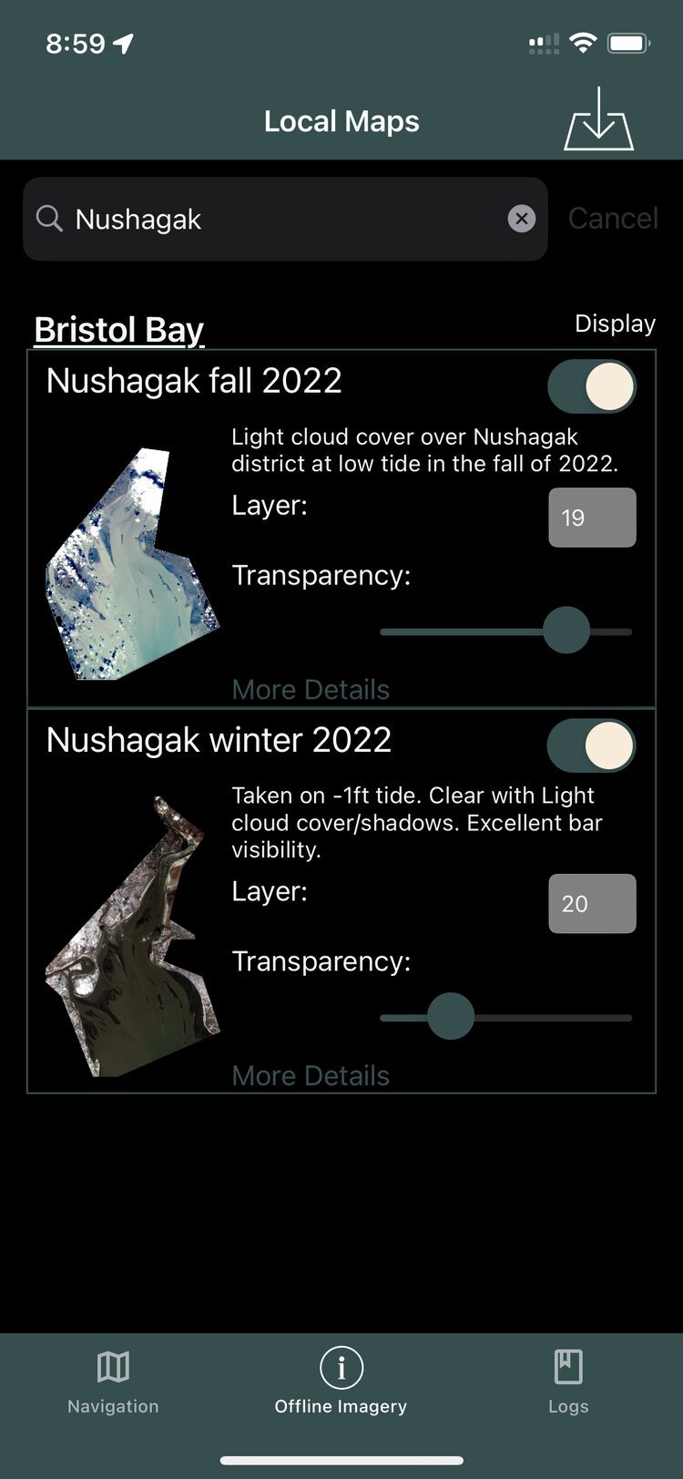 Local Maps page layering two satellite images with transparency sliders