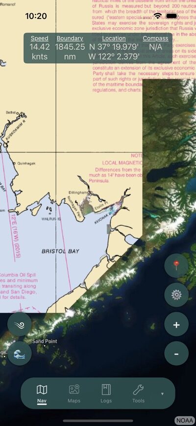Bristol Bay NOAA chart layered over satellite imagery in Bristol Maps