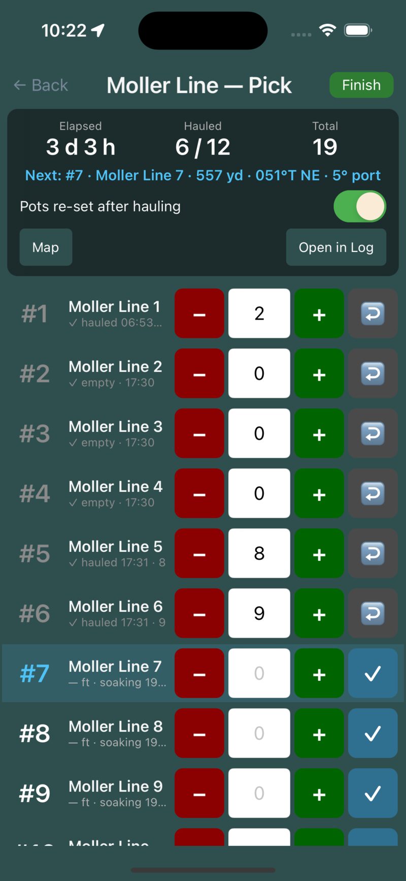 Pick mode on iPhone: per-pot catch counts with large minus and plus buttons and next-pot steering