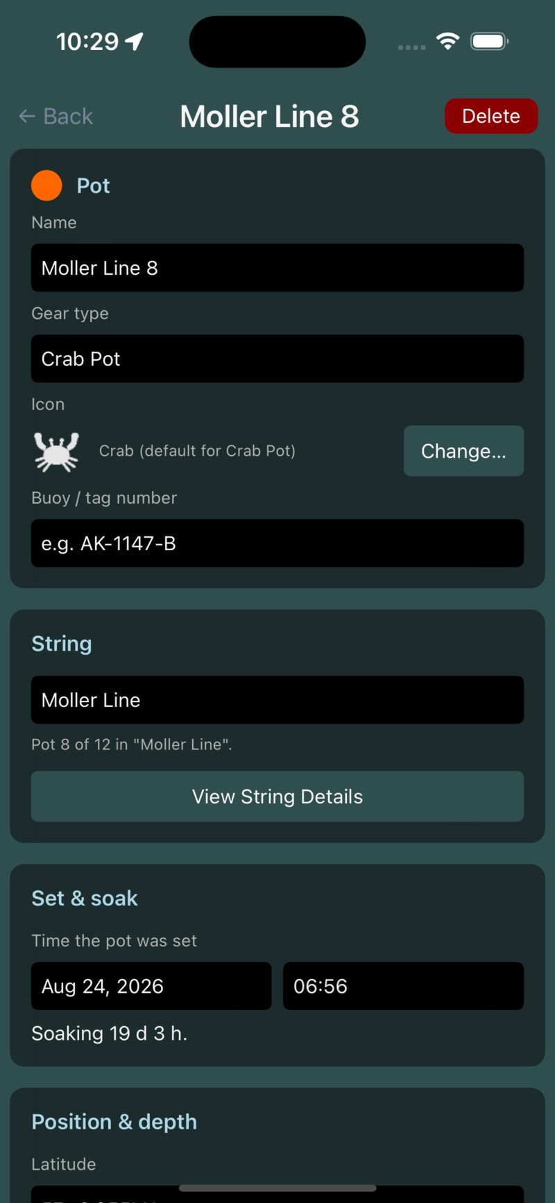 Pot detail page with buoy number, set time, soak clock, depth and coordinates